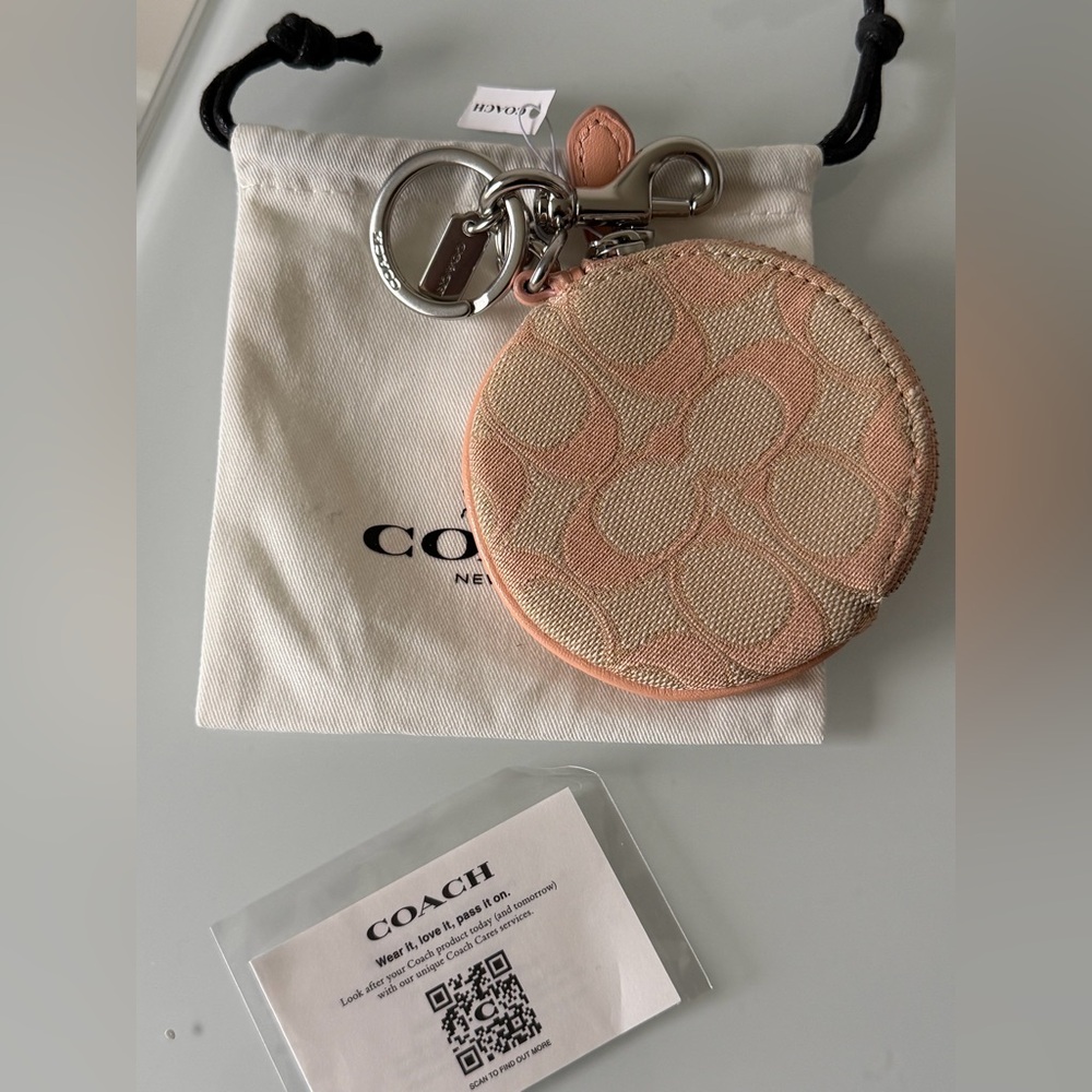 Coach Peach cream Monogram circle Coin Purse Keychain
